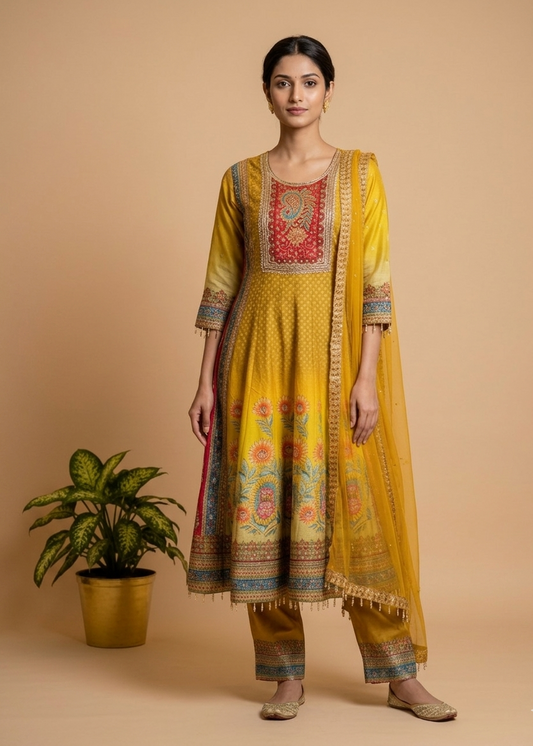 Yellow Ombre Amira Russian silk Anarkali Suit - set of 3