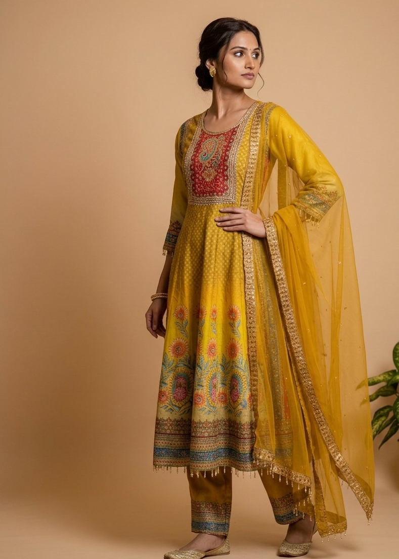 Yellow Ombre Dola silk Anarkali Suit - set of 3