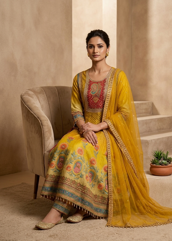 Yellow Ombre Dola silk Anarkali Suit - set of 3