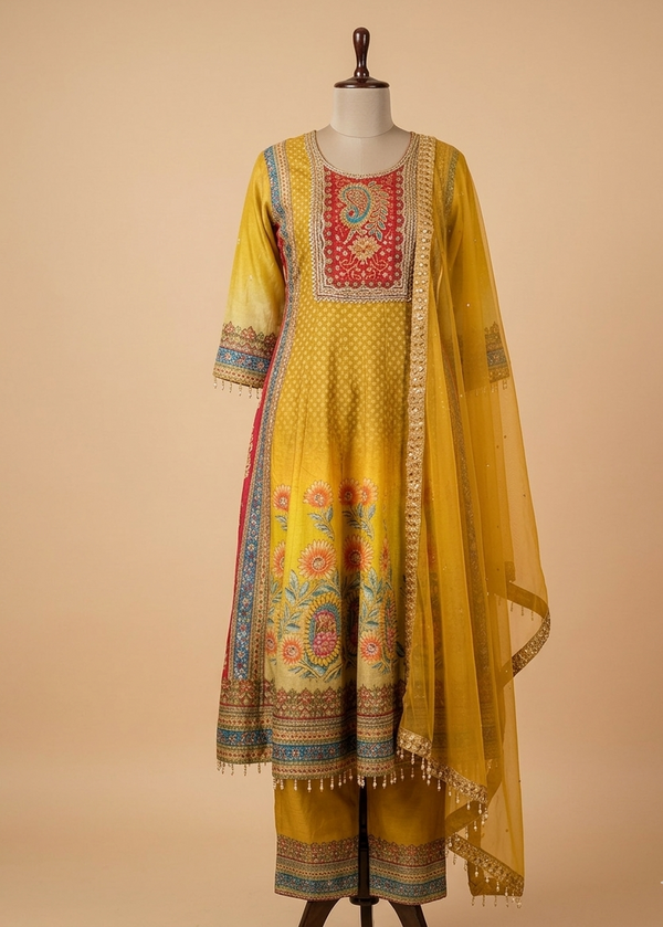 Yellow Ombre Dola silk Anarkali Suit - set of 3