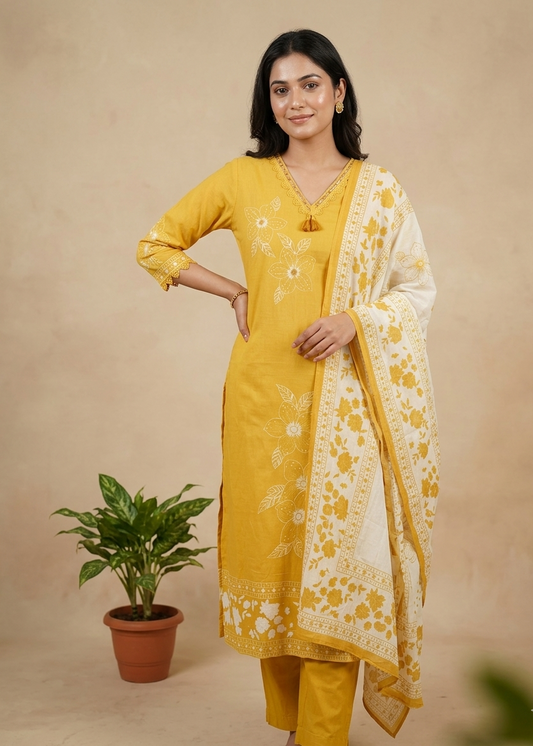Yellow Rathi lean fit cotton suit set for women