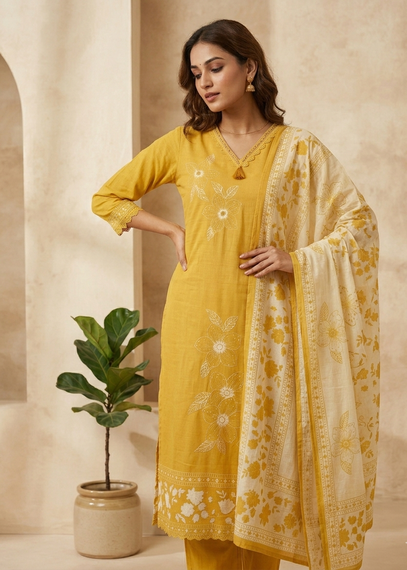 Women’s yellow cotton lean fit kurta set with pants and dupatta