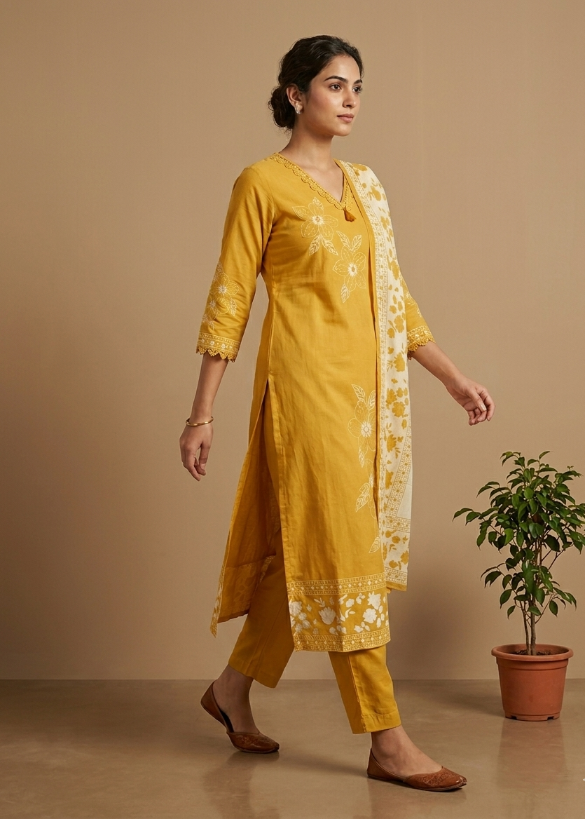 Elegant yellow slim fit cotton ethnic suit set
