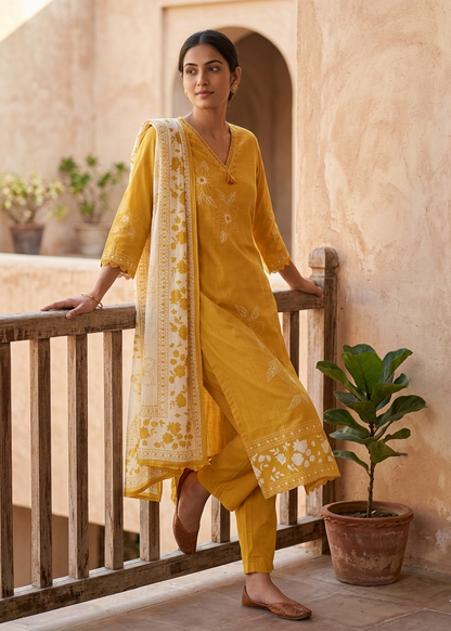 Stylish yellow Rathi cotton suit set in lean fit design