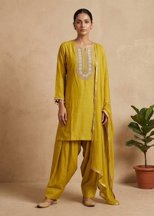 Elegant yellow Farshi salwar suit set with matching dupatta in traditional ethnic style