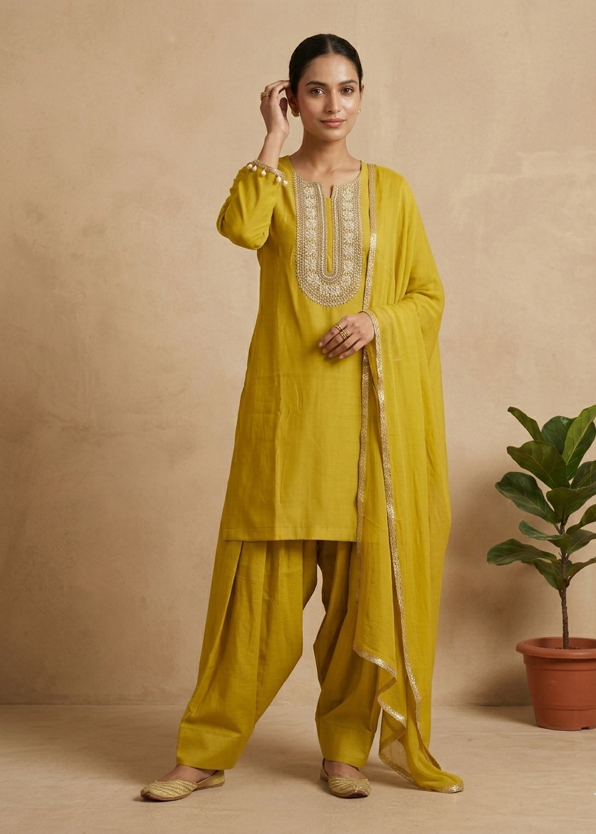 Women’s yellow ethnic salwar suit with Farshi pants and stylish dupatta design