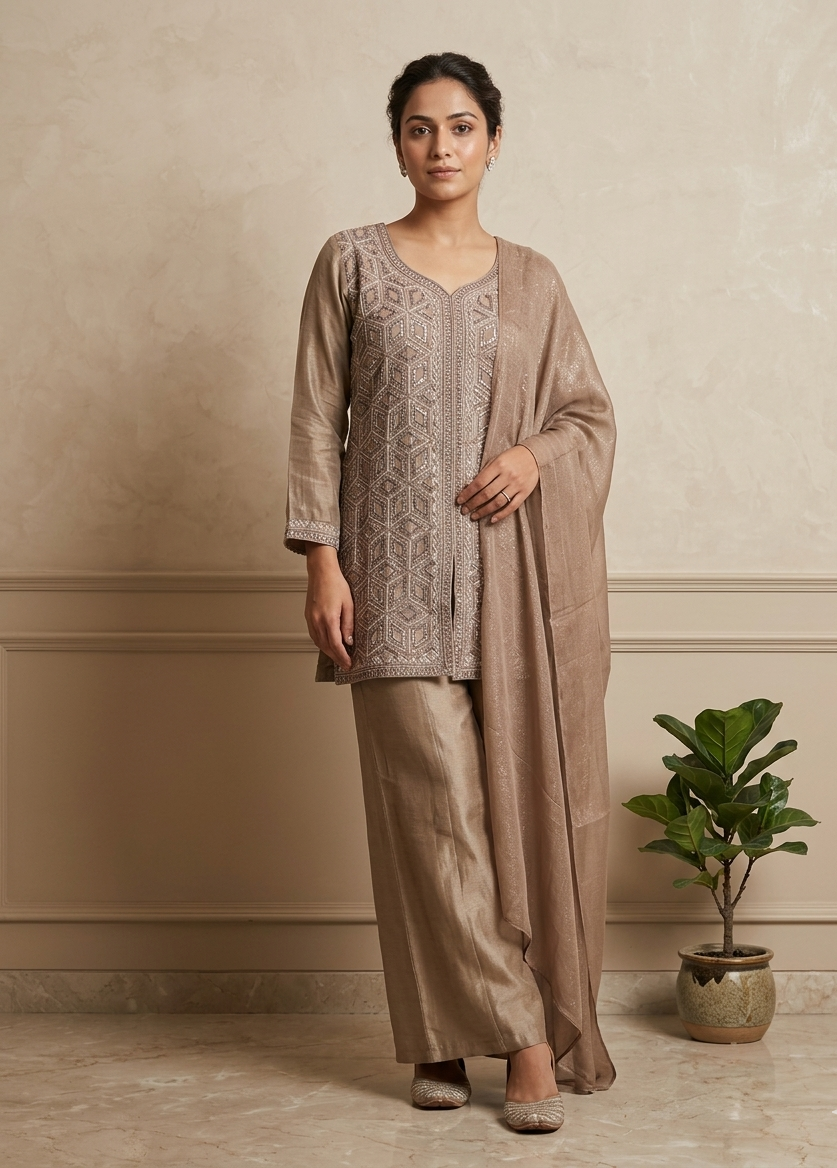 Bronze Blush Zeba Indo western Sharara set