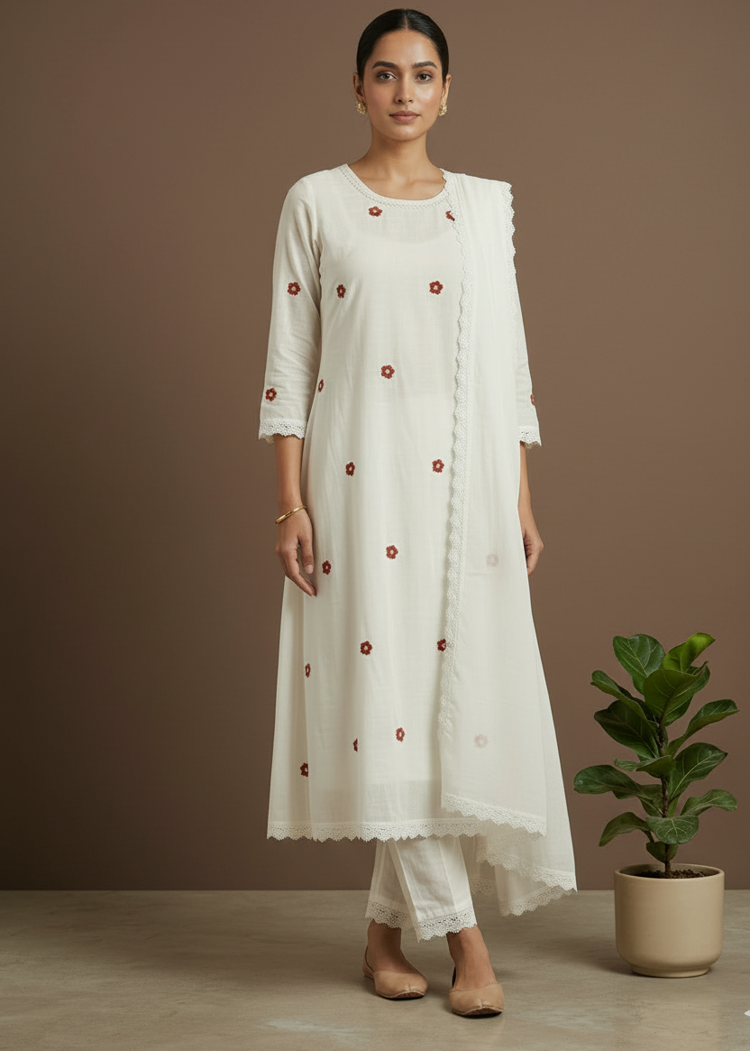 White Jessi Chanderi A Line suit set -  Best seller