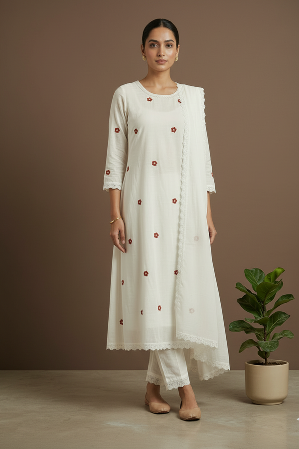 White Jessi Chanderi A Line suit set -  Best seller