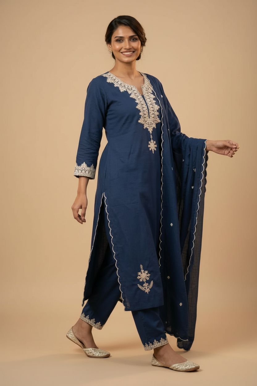 Navy Blue Navya Cotton Suit set - set of 3