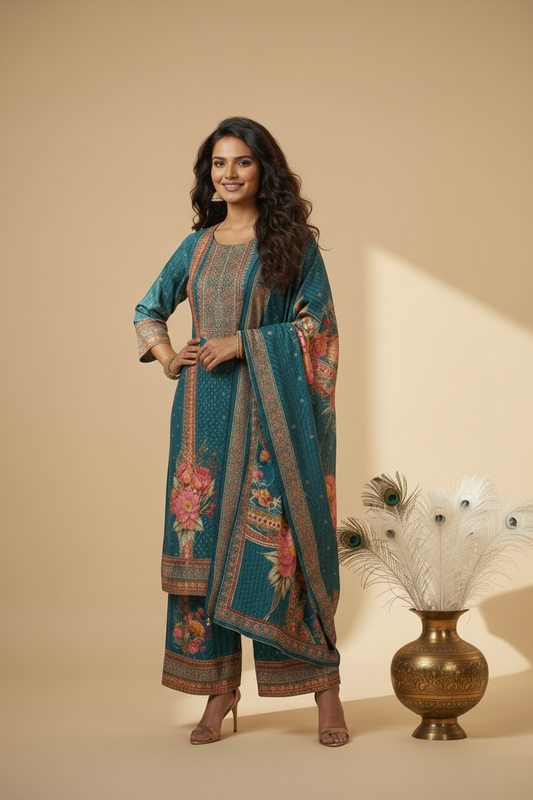 Peacock Blue Tarangini Silk suit set