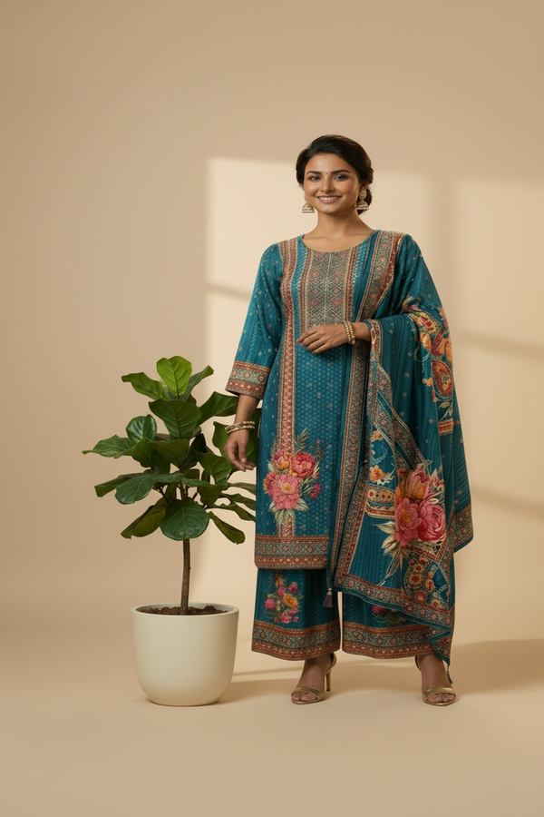 Peacock Blue Tarangini Silk suit set