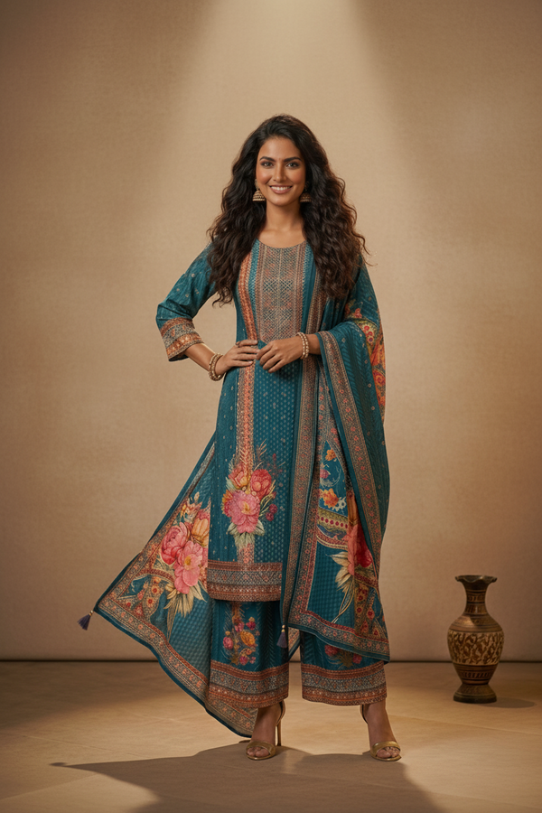 Peacock Blue Tarangini Silk suit set