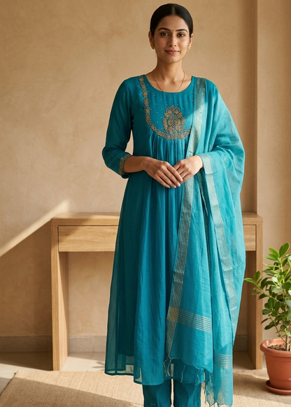 Peacock Blue Tanvi Mulchanderi Silk A-LINE suit set-3