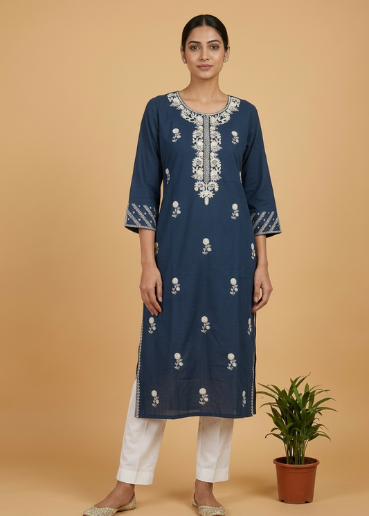 Blue Embroidery Cotton Kurta