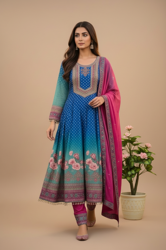 Blue Ombre  Amira Russian silk Anarkali Suit - set of 3