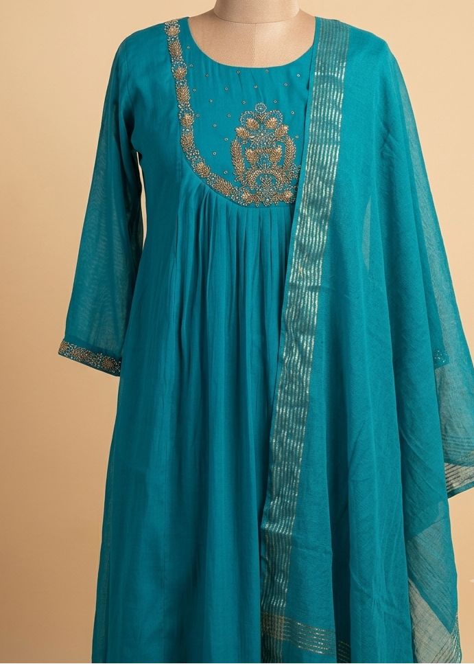 Peacock Blue Tanvi Mulchanderi Silk A-LINE suit set-3
