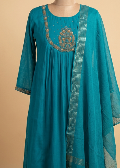 Peacock Blue Tanvi Mulchanderi Silk A-LINE suit set-3