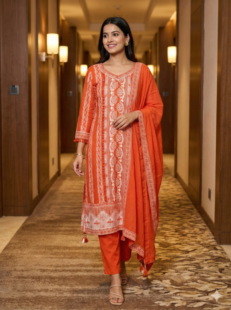 Orange Reena Silk C-cut Suit set - Set of 3