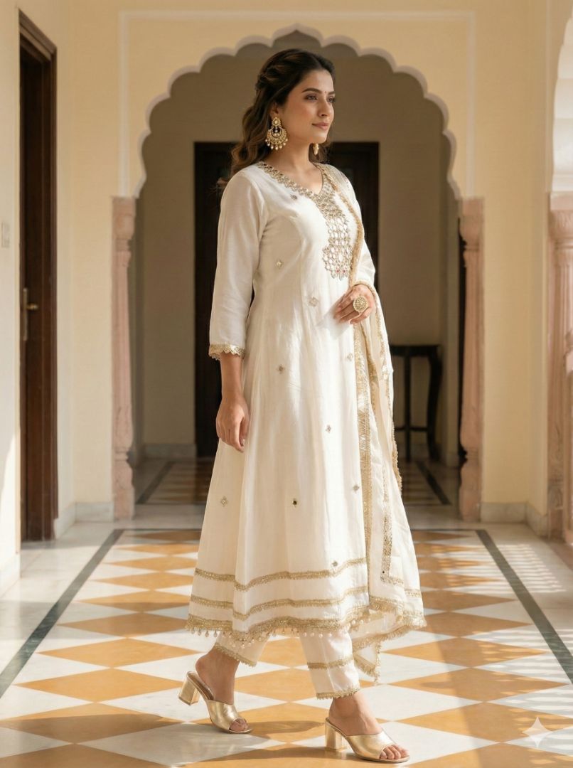 White Meenal Mulchanderi Mirror work Anarkali suit - Set of 3