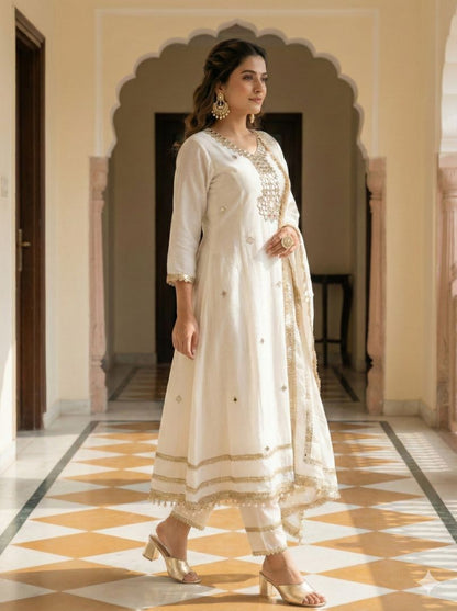 White Meenal Mulchanderi Mirror work Anarkali suit - Set of 3