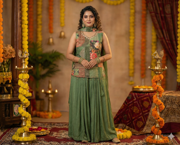 Green Radhvi Crepe Silk Inowestern Set - Set of 3