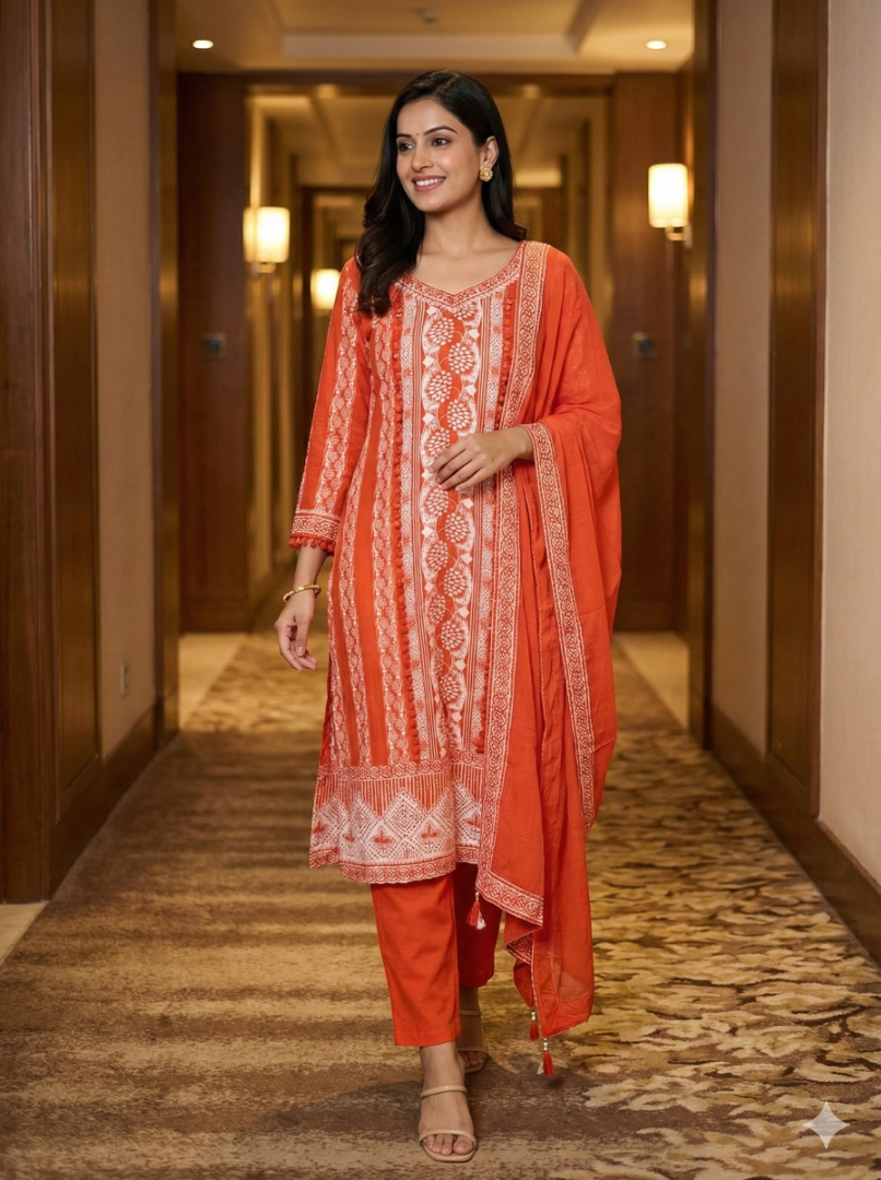 Orange Reena Silk C-cut Suit set - Set of 3