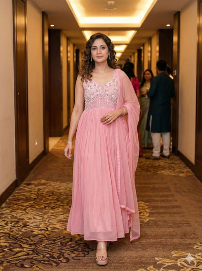 Pink Amaya chinon silk Anarkali gown with dupatta