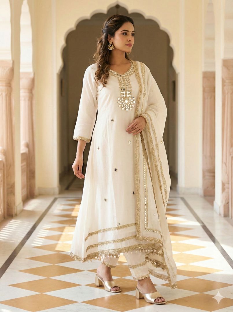 White Meenal Mulchanderi Mirror work Anarkali suit - Set of 3