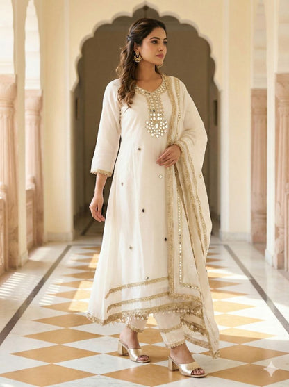 White Meenal Mulchanderi Mirror work Anarkali suit - Set of 3