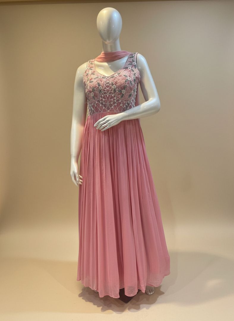Pink Amaya chinon silk Anarkali gown with dupatta