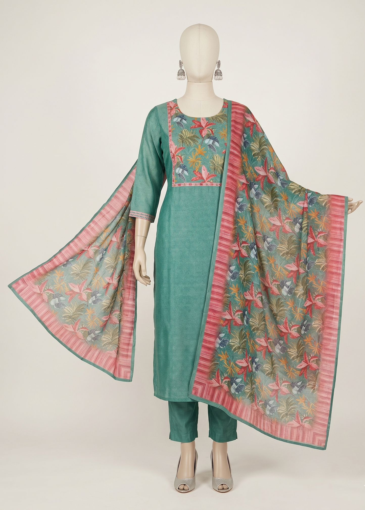 Green Rekha Kantha work Coral silk suit set - Set of 2