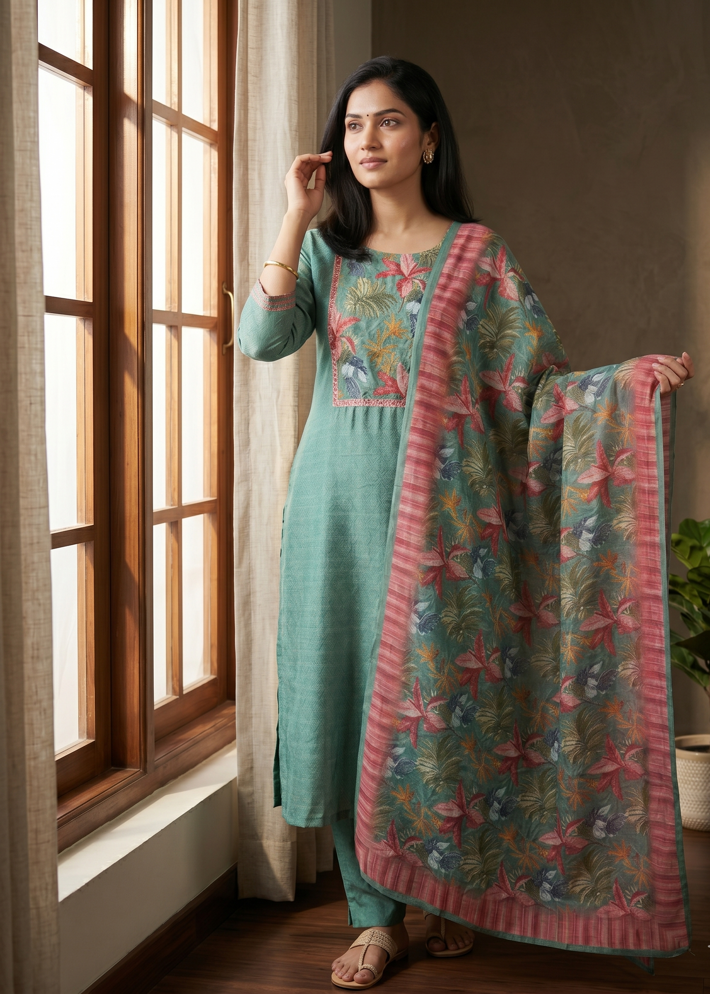 Green Rekha Kantha work Coral silk suit set - Set of 2