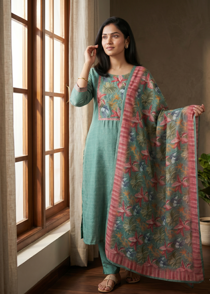 Green Rekha Kantha work Coral silk suit set - Set of 2
