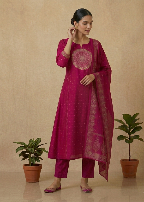 Magenta Varma Mul cotton A line Suit set - Set of 3