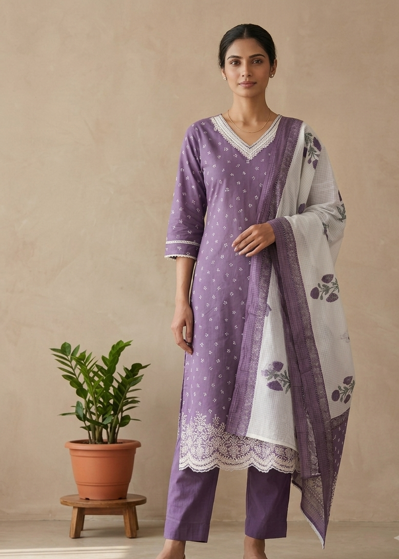 Purple Arohi Cotton Suit-Set of 3