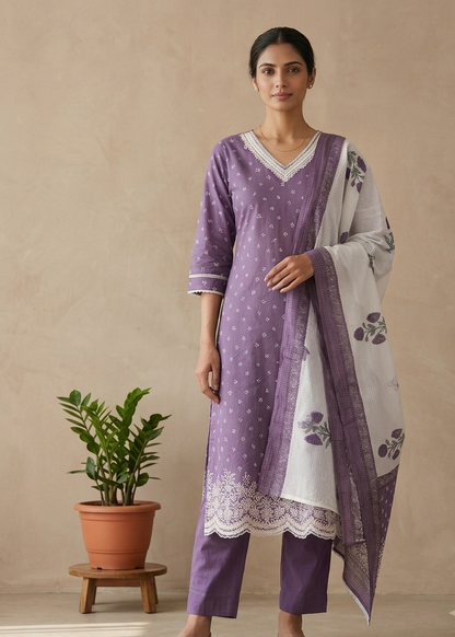 Purple Arohi Cotton Suit-Set of 3