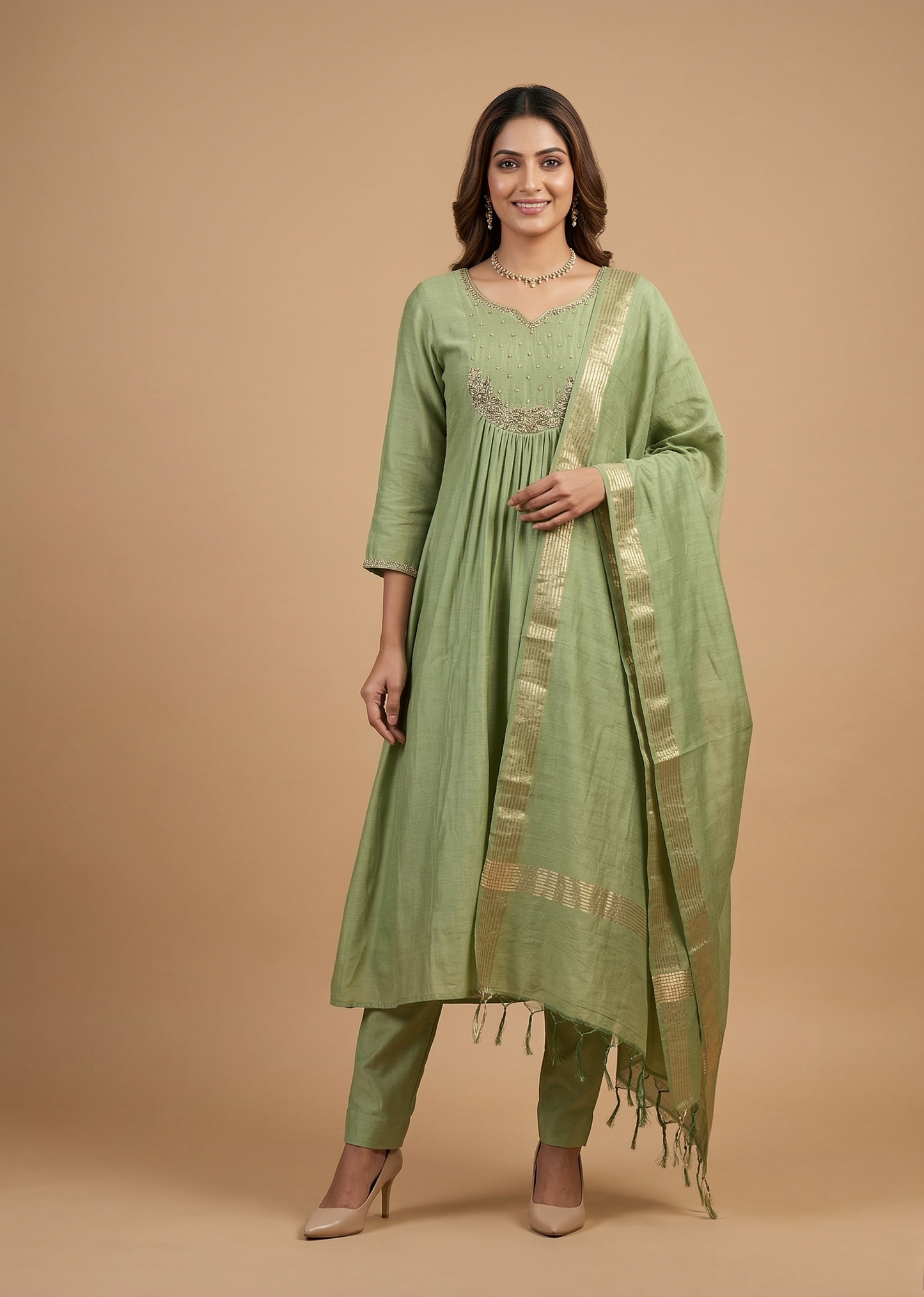 Green Tanvi Mulchanderi Silk A-LINE suit set-3