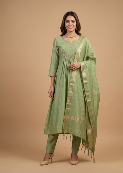 Green Tanvi Mulchanderi Silk A-LINE suit set-3