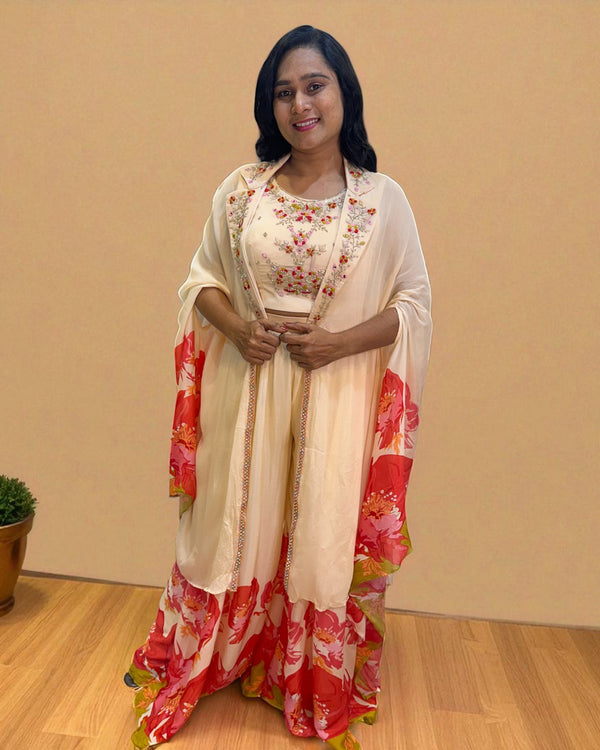 Peach Ishani Chinon silk Indowestern set