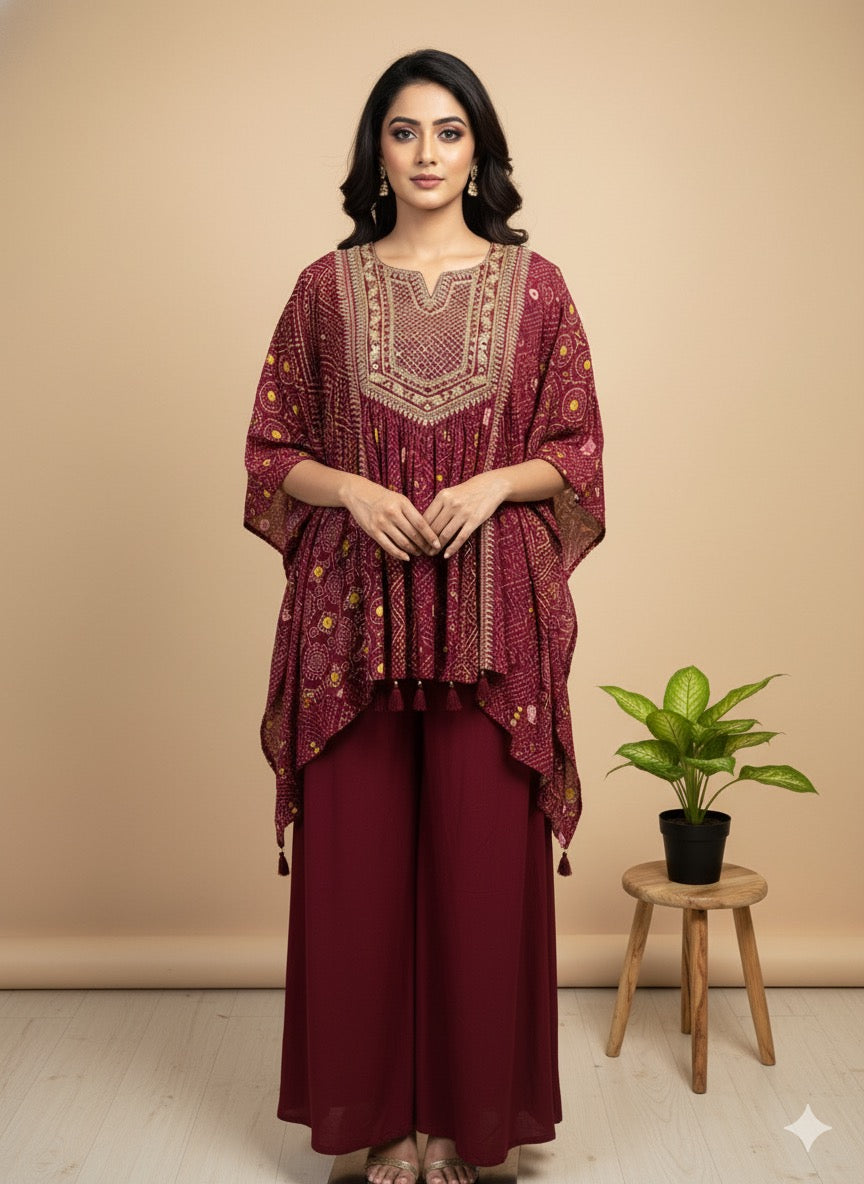 Wine Misha crepe silk Kaftan Set - Set of 2