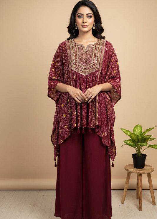 Wine Misha crepe silk Kaftan Set - Set of 2