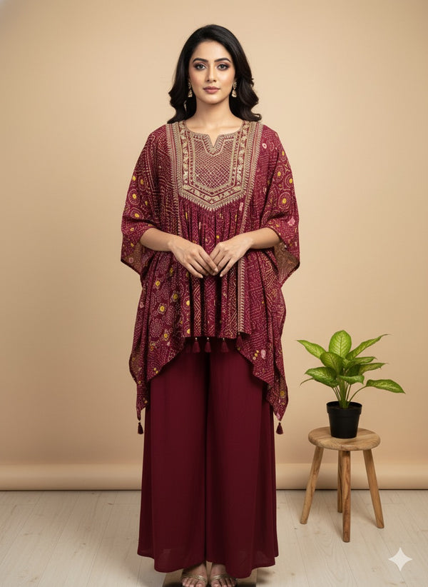 Wine Misha crepe silk Kaftan Set - Set of 2