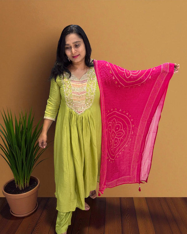 Green Crushed Tissue Anarkali suit - Set of 3