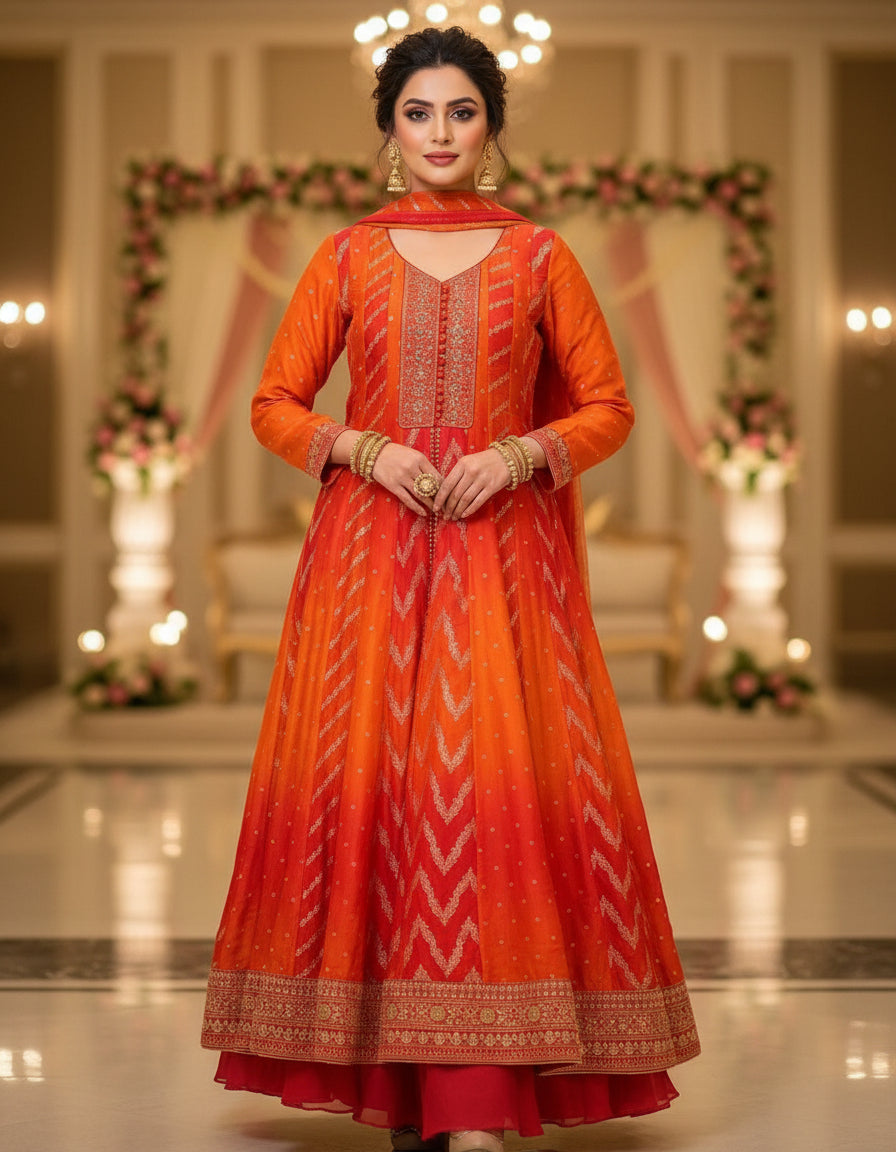 Orange Taruni Ombre Banrasi Anarkali suit set - Set of 3