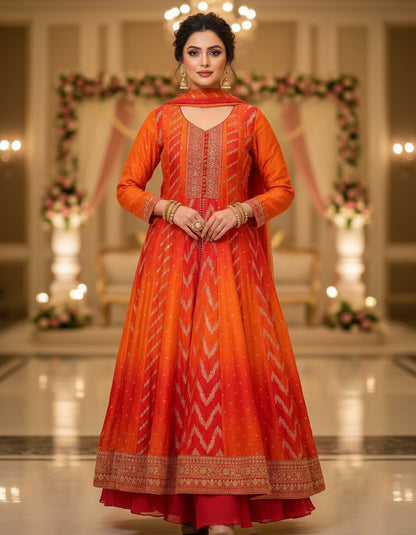 Orange Taruni Ombre Banrasi Anarkali suit set - Set of 3