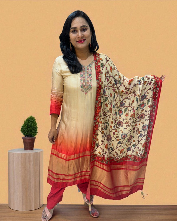 Beige Dhara Ombre Silk Hand embroidered Suit set