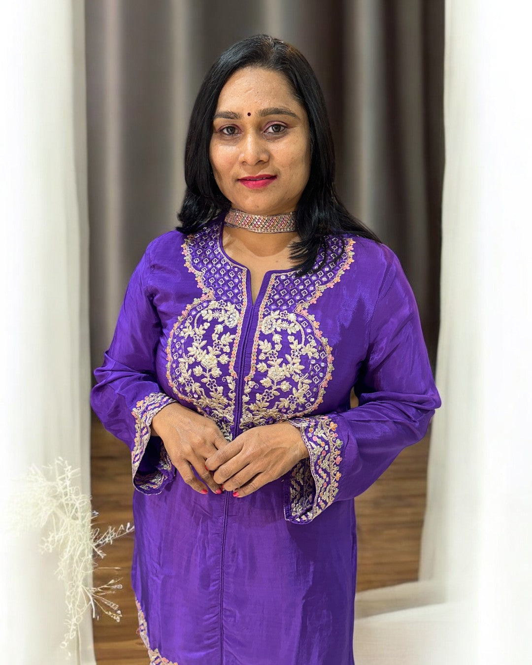 Purple Mouni Crepe Silk Short suit set - set of 3