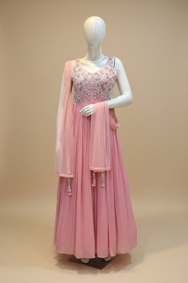 Pink Amaya chinon silk Anarkali gown with dupatta