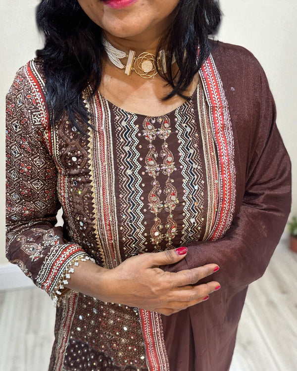 Brown Miral Crepe Short Anarkali -Set of 3